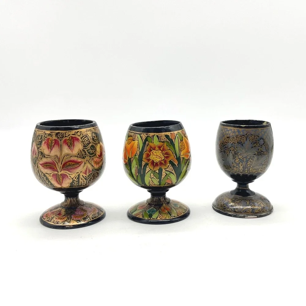 Vintage Hand Painted Floral Lacquerware Goblets Set of 3 Black Gold Decorative